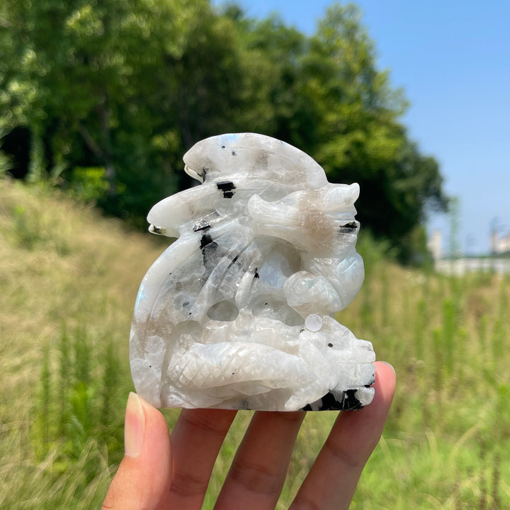 Unique,A Slightly Imperfect Natural Crystal Rainbow Moonstone Flying Dragon Carving