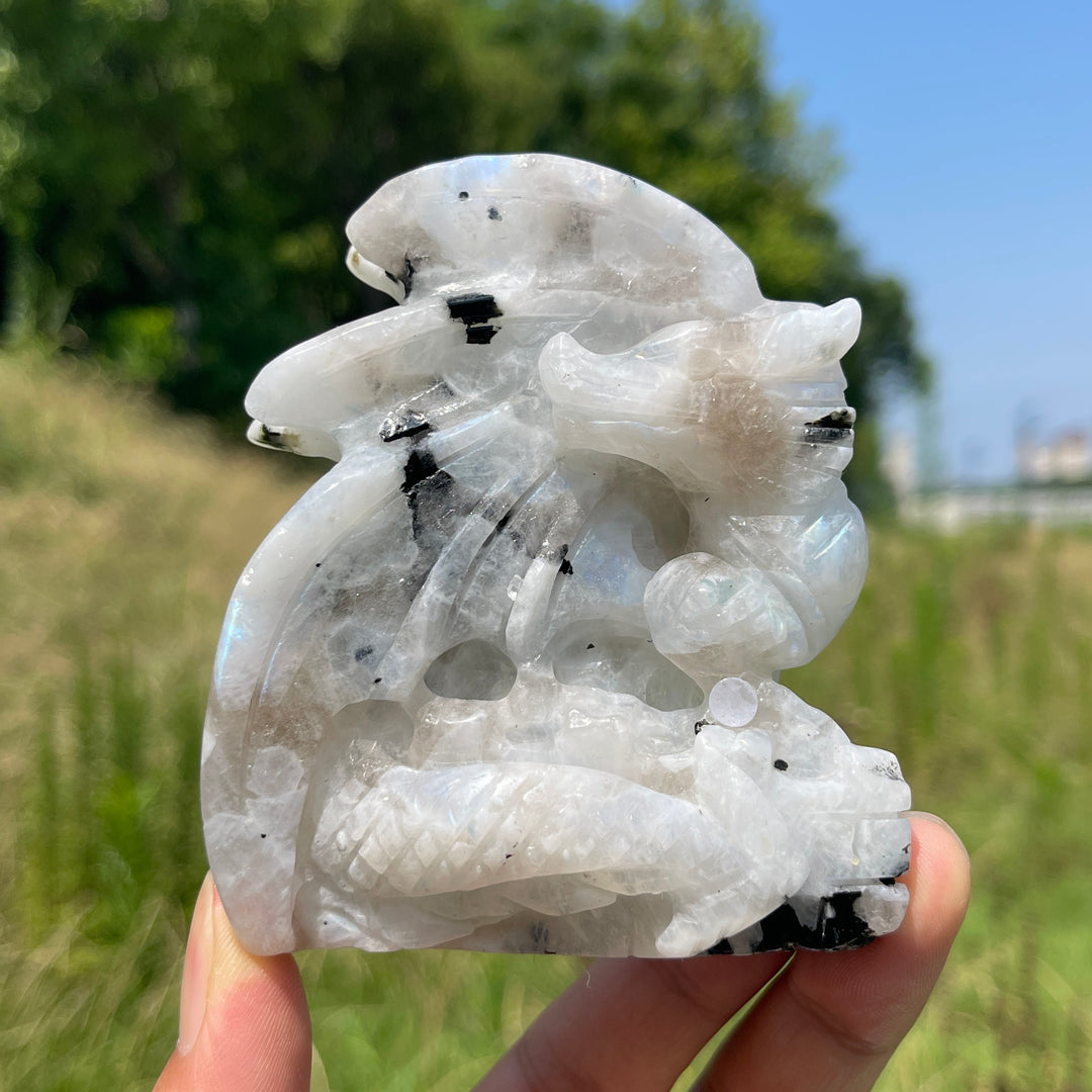 Unique,A Slightly Imperfect Natural Crystal Rainbow Moonstone Flying Dragon Carving