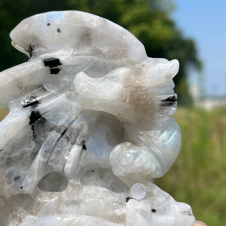 Unique,A Slightly Imperfect Natural Crystal Rainbow Moonstone Flying Dragon Carving