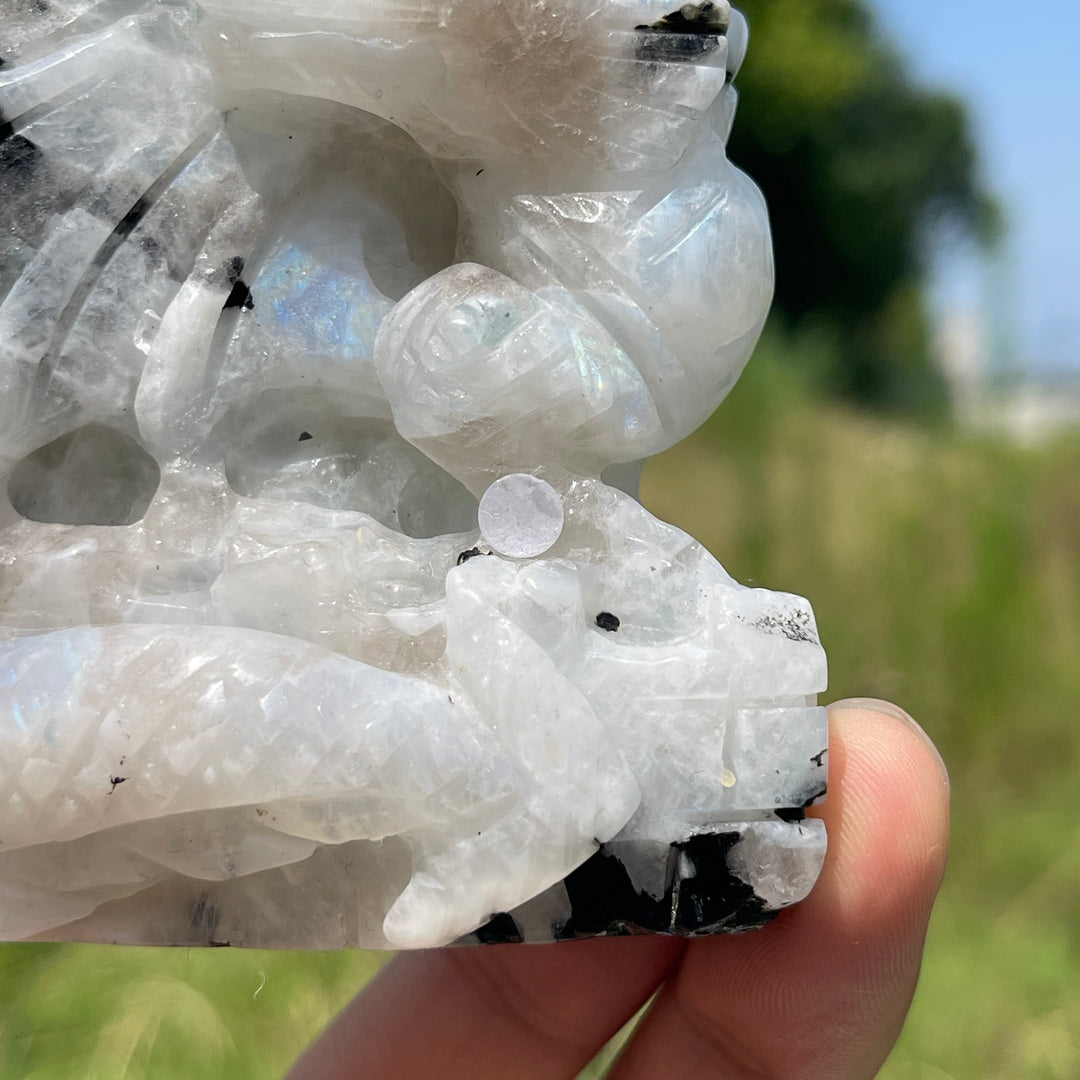 Unique,A Slightly Imperfect Natural Crystal Rainbow Moonstone Flying Dragon Carving
