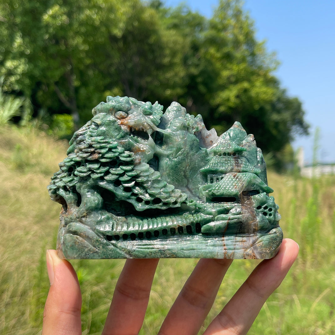 Unique,Natural Crystal Exquisite African Green Jade Mountain Landscape Carving