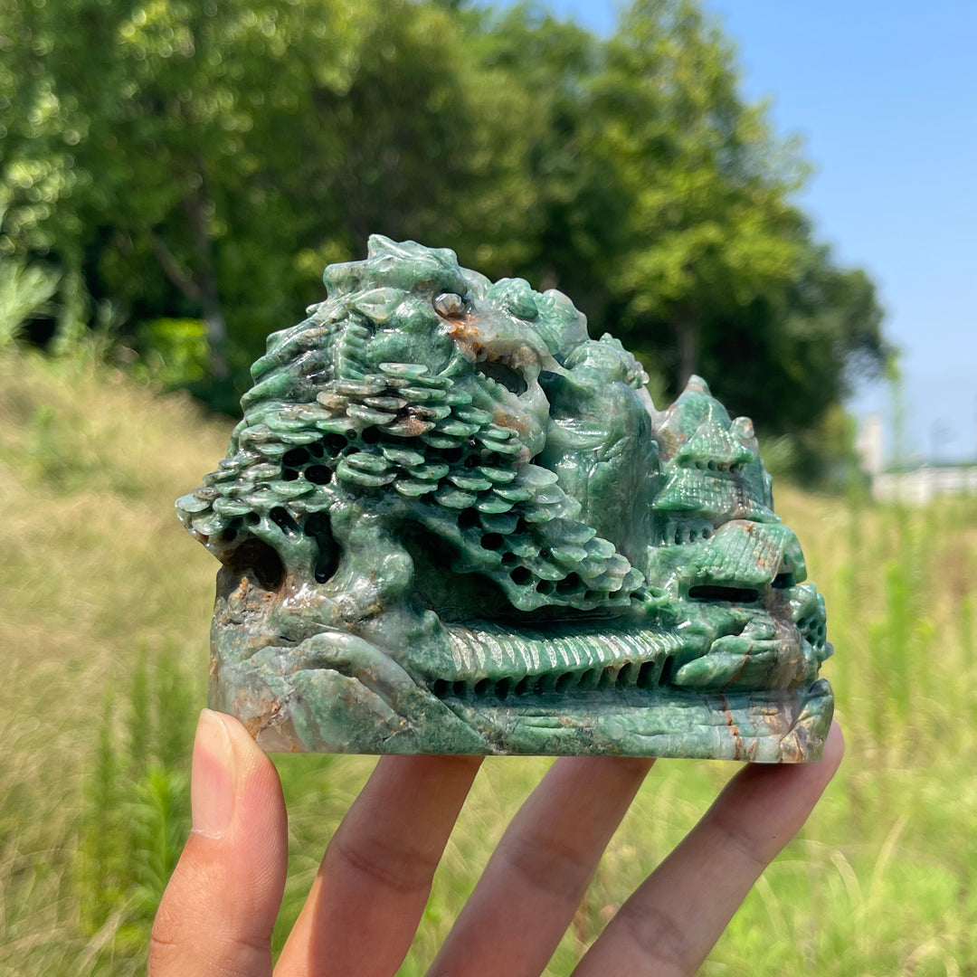 Unique,Natural Crystal Exquisite African Green Jade Mountain Landscape Carving