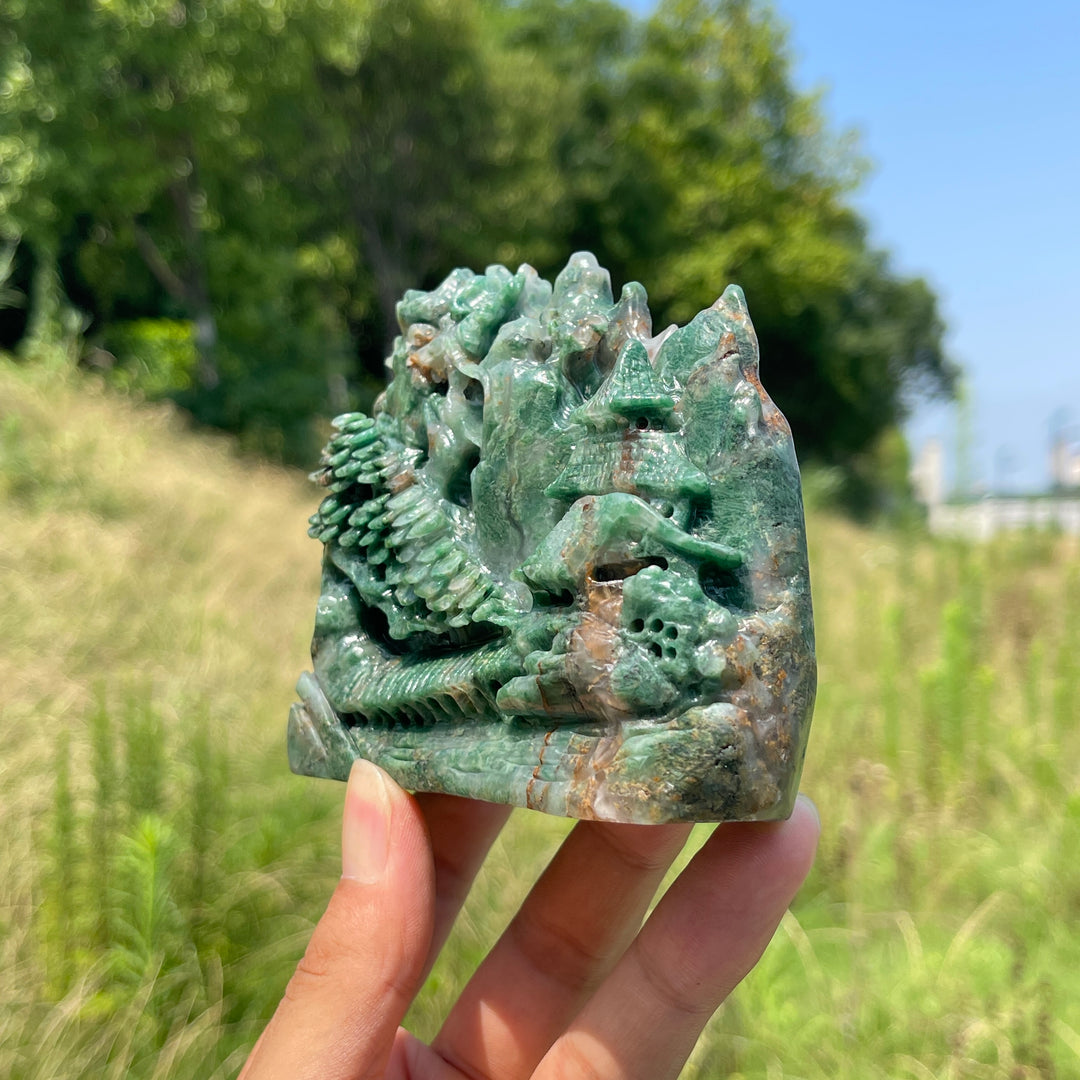 Unique,Natural Crystal Exquisite African Green Jade Mountain Landscape Carving
