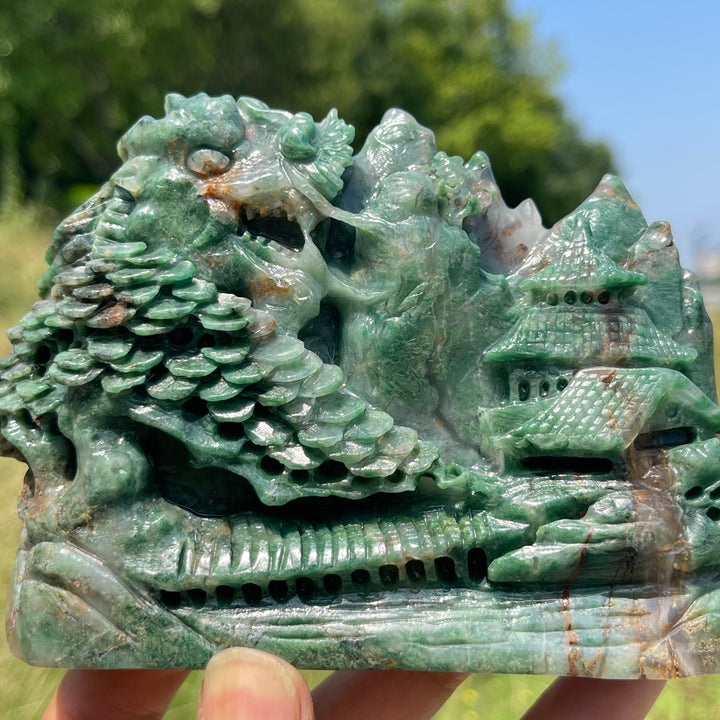 Unique,Natural Crystal Exquisite African Green Jade Mountain Landscape Carving