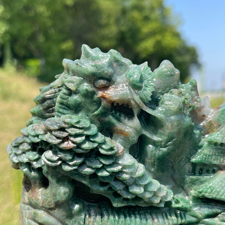 Unique,Natural Crystal Exquisite African Green Jade Mountain Landscape Carving