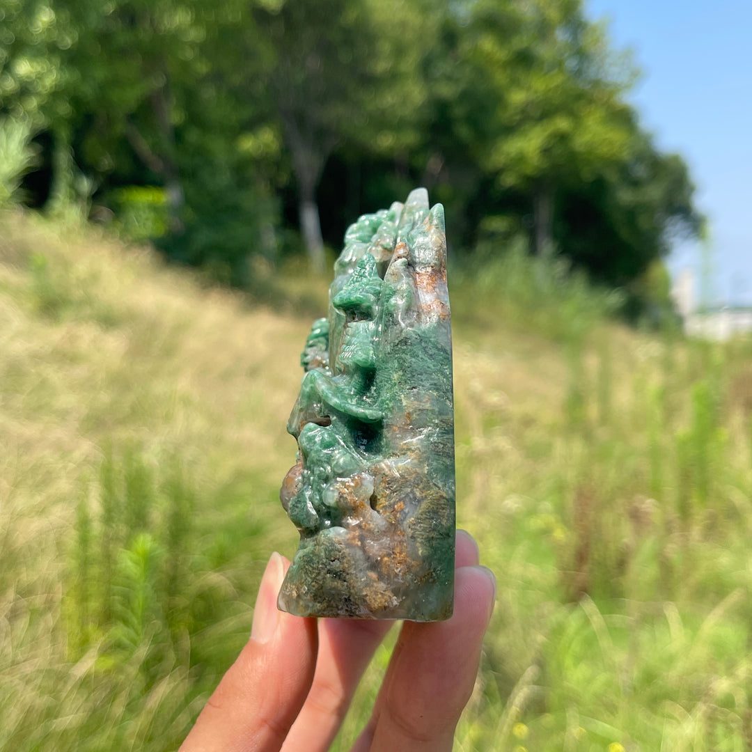 Unique,Natural Crystal Exquisite African Green Jade Mountain Landscape Carving