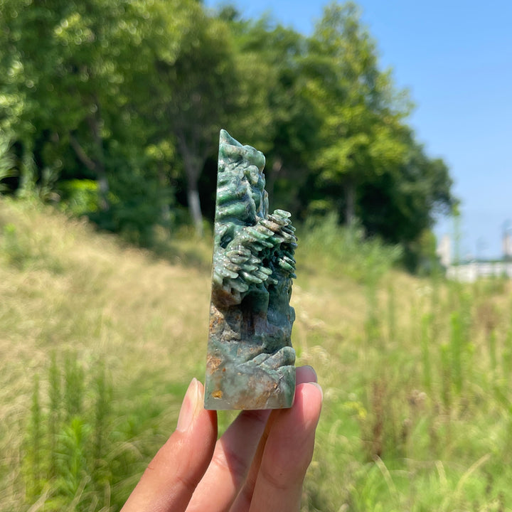 Unique,Natural Crystal Exquisite African Green Jade Mountain Landscape Carving