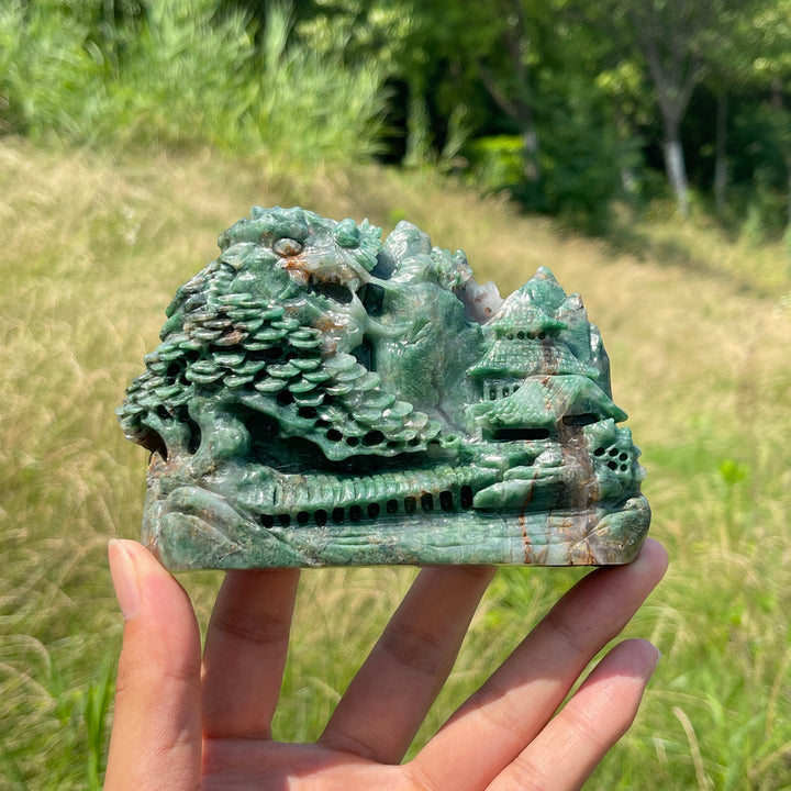 Unique,Natural Crystal Exquisite African Green Jade Mountain Landscape Carving
