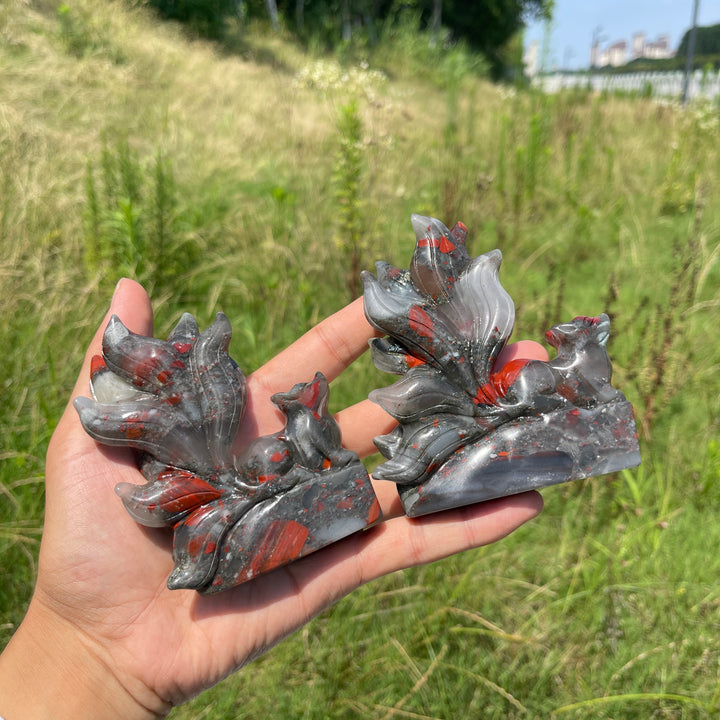 Unique,Natural Crystal African Bloodstone Nine-Tailed Fox Carving
