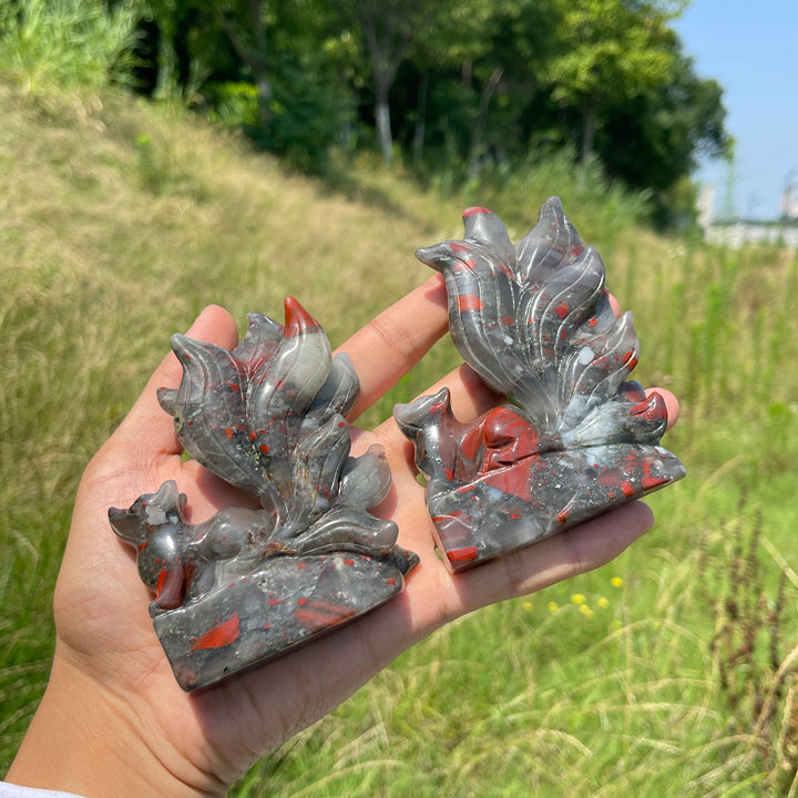 Unique,Natural Crystal African Bloodstone Nine-Tailed Fox Carving
