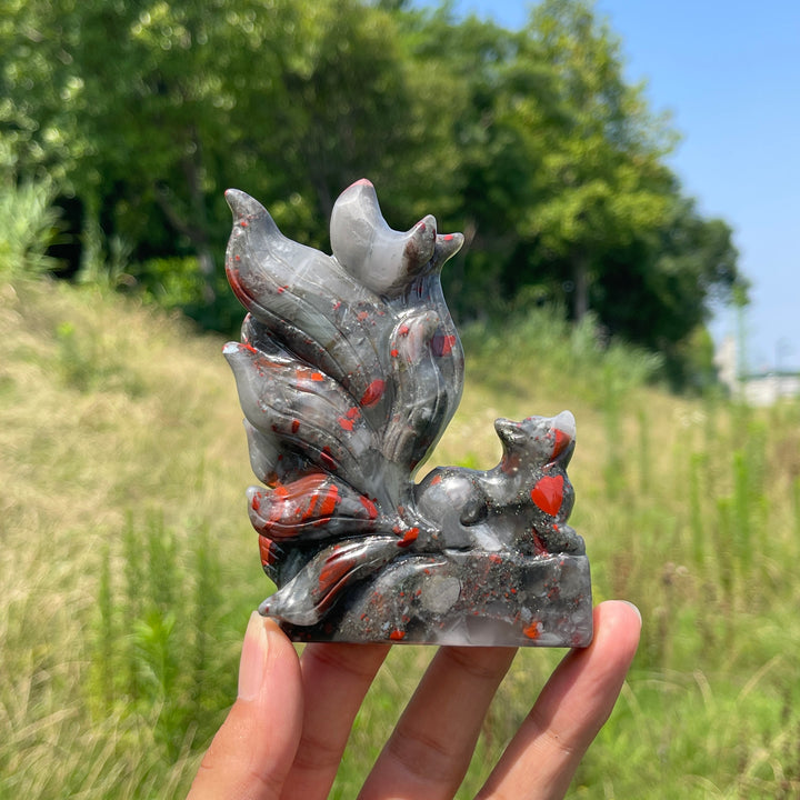 Unique,Natural Crystal African Bloodstone Nine-Tailed Fox Carving