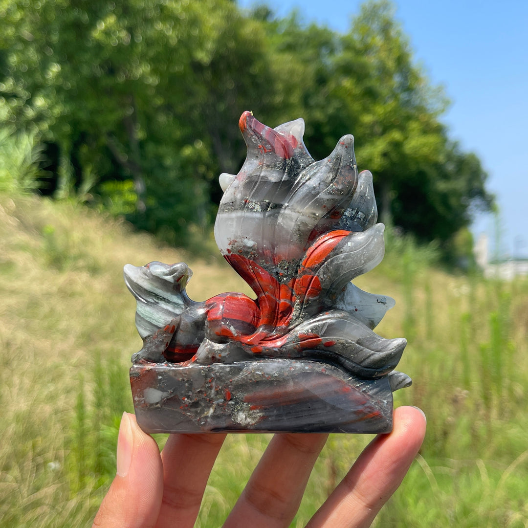 Unique,Natural Crystal African Bloodstone Nine-Tailed Fox Carving