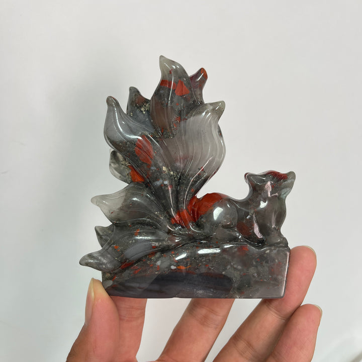 Unique,Natural Crystal African Bloodstone Nine-Tailed Fox Carving