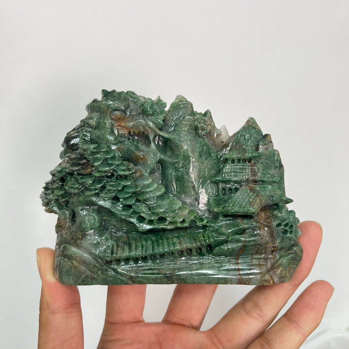 Unique,Natural Crystal Exquisite African Green Jade Mountain Landscape Carving