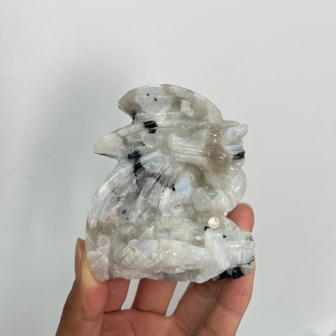 Unique,A Slightly Imperfect Natural Crystal Rainbow Moonstone Flying Dragon Carving