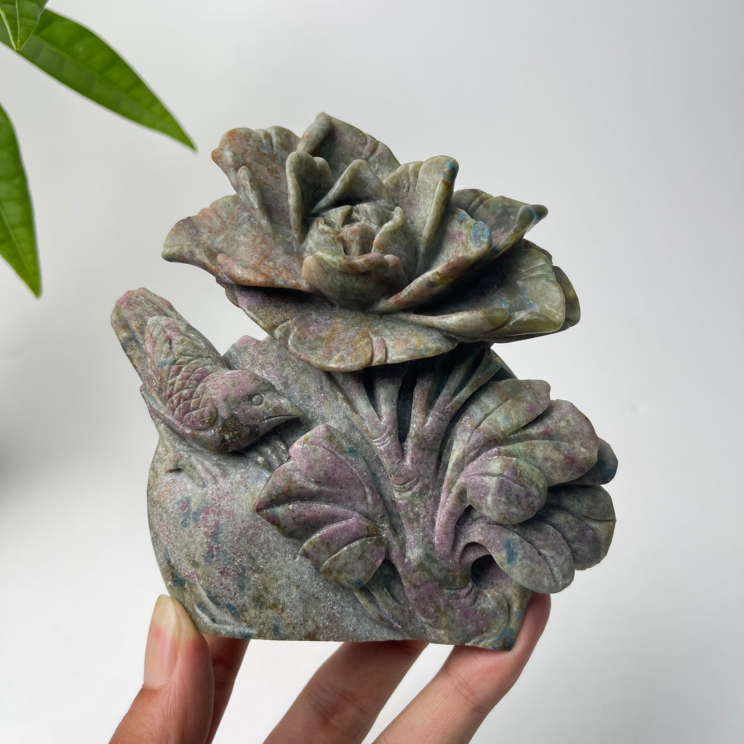 Unique,Natural Crystal Ruby Kyanite Fuchsite Flower With Bird Carving