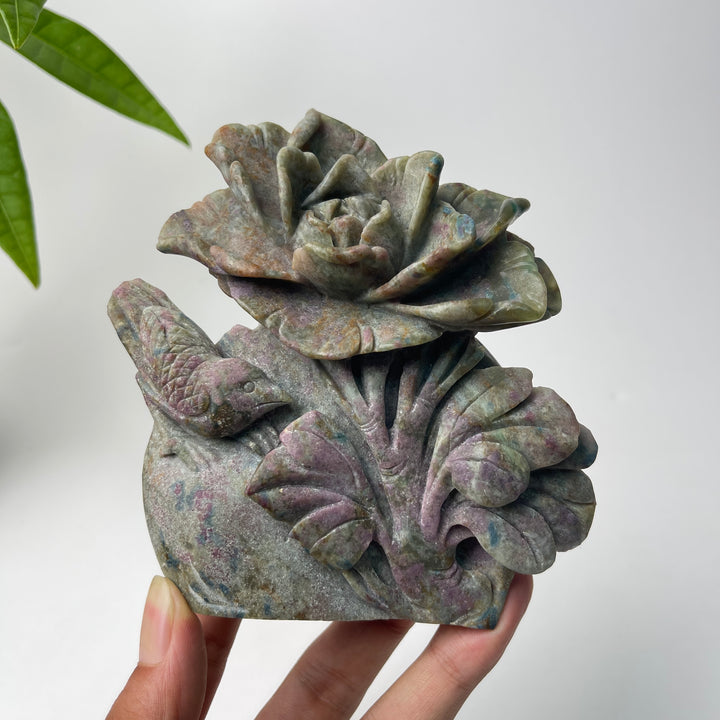 Unique,Natural Crystal Ruby Kyanite Fuchsite Flower With Bird Carving