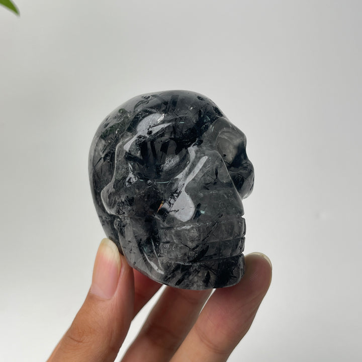 Unique,Natural Crystal Black Tourmaline In Quartz Skull Carving