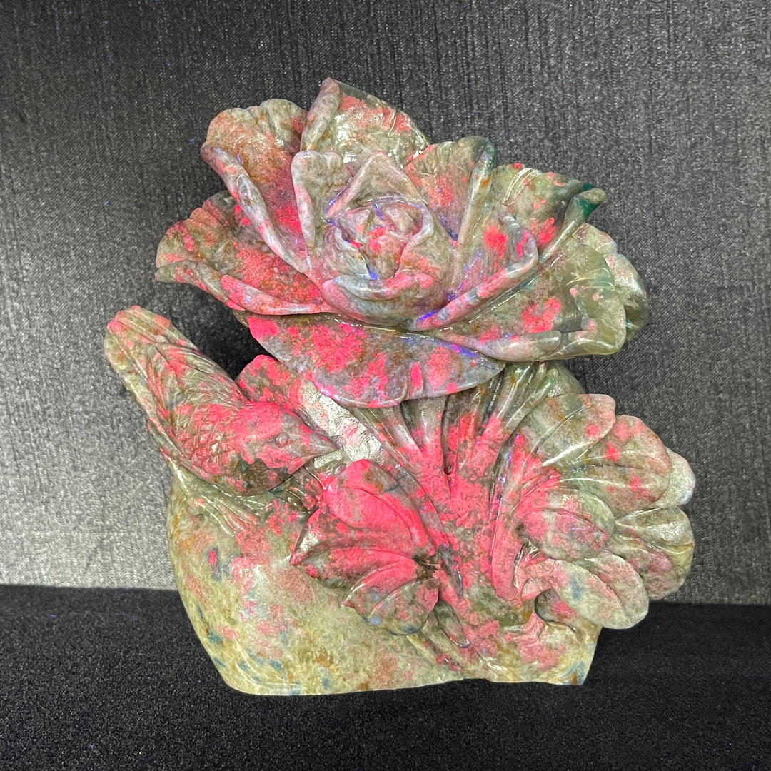 Unique,Natural Crystal Ruby Kyanite Fuchsite Flower With Bird Carving