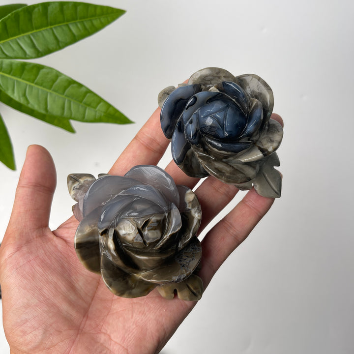 Unique,Natural Crystal Volcanic Agate Peony Flower Carving