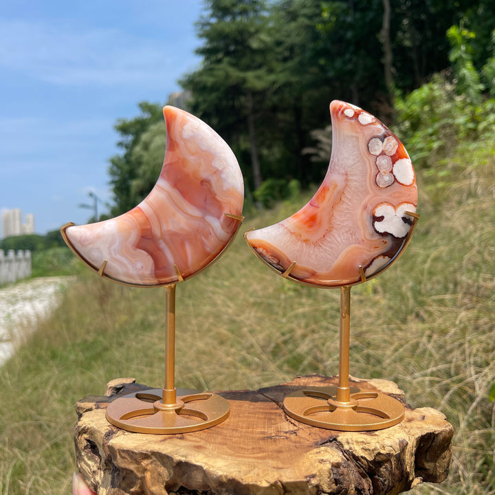Unique,Natural Crystal Pink Flower Agate Moon With Stand