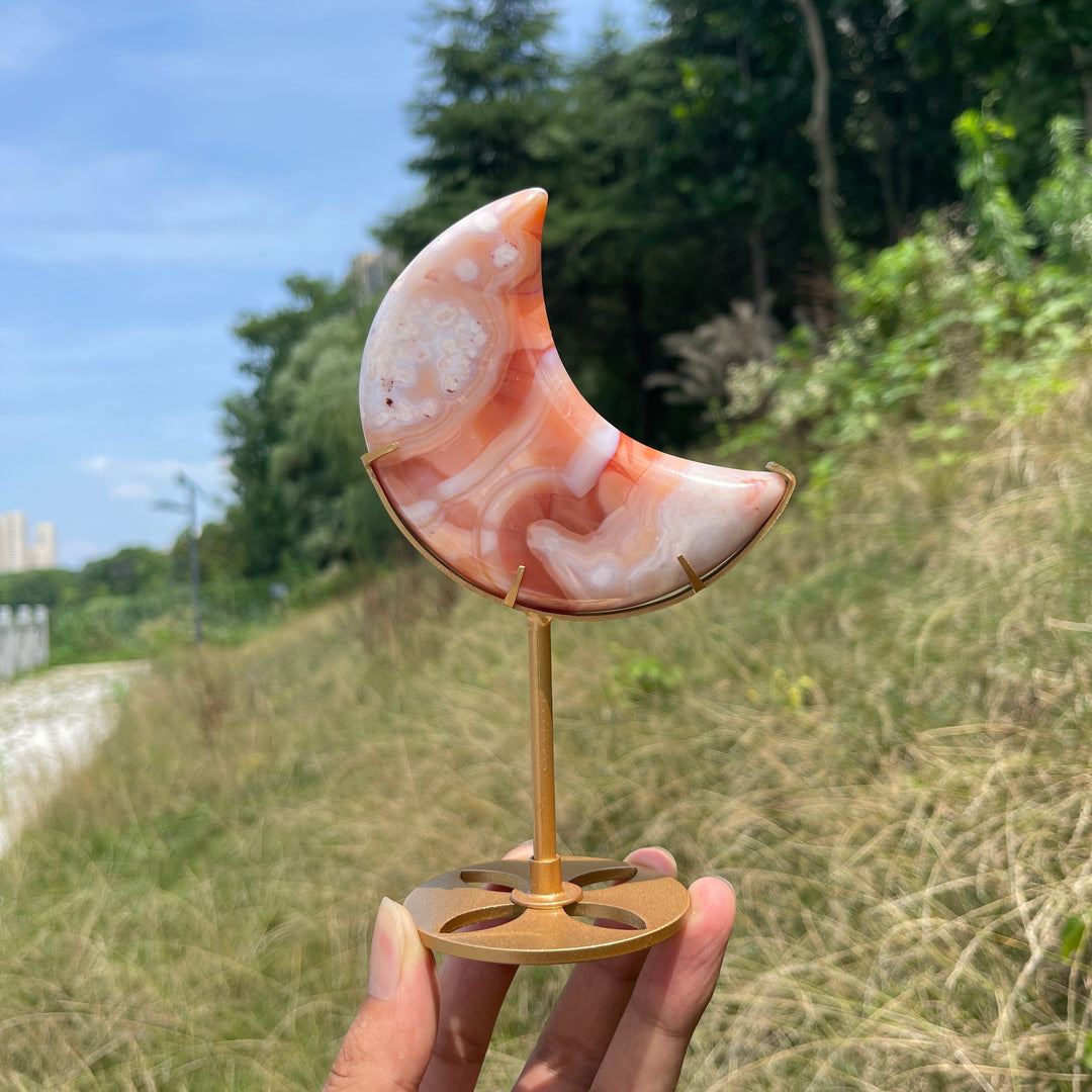 Unique,Natural Crystal Pink Flower Agate Moon With Stand