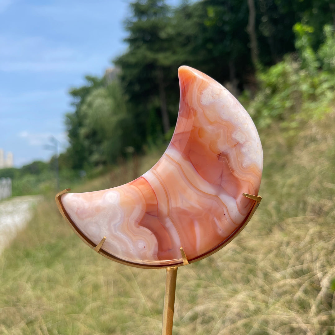 Unique,Natural Crystal Pink Flower Agate Moon With Stand