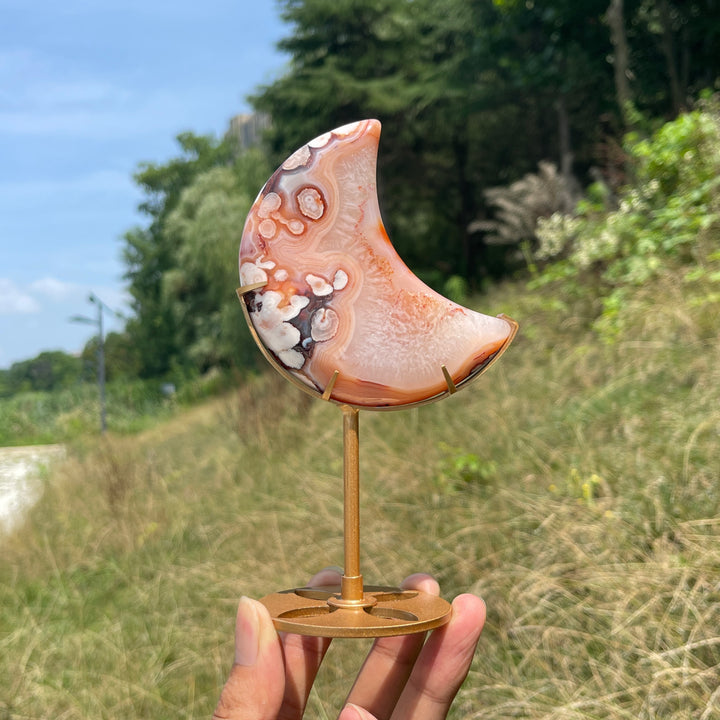 Unique,Natural Crystal Pink Flower Agate Moon With Stand