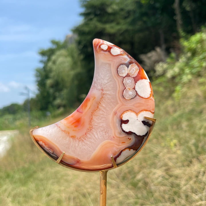 Unique,Natural Crystal Pink Flower Agate Moon With Stand