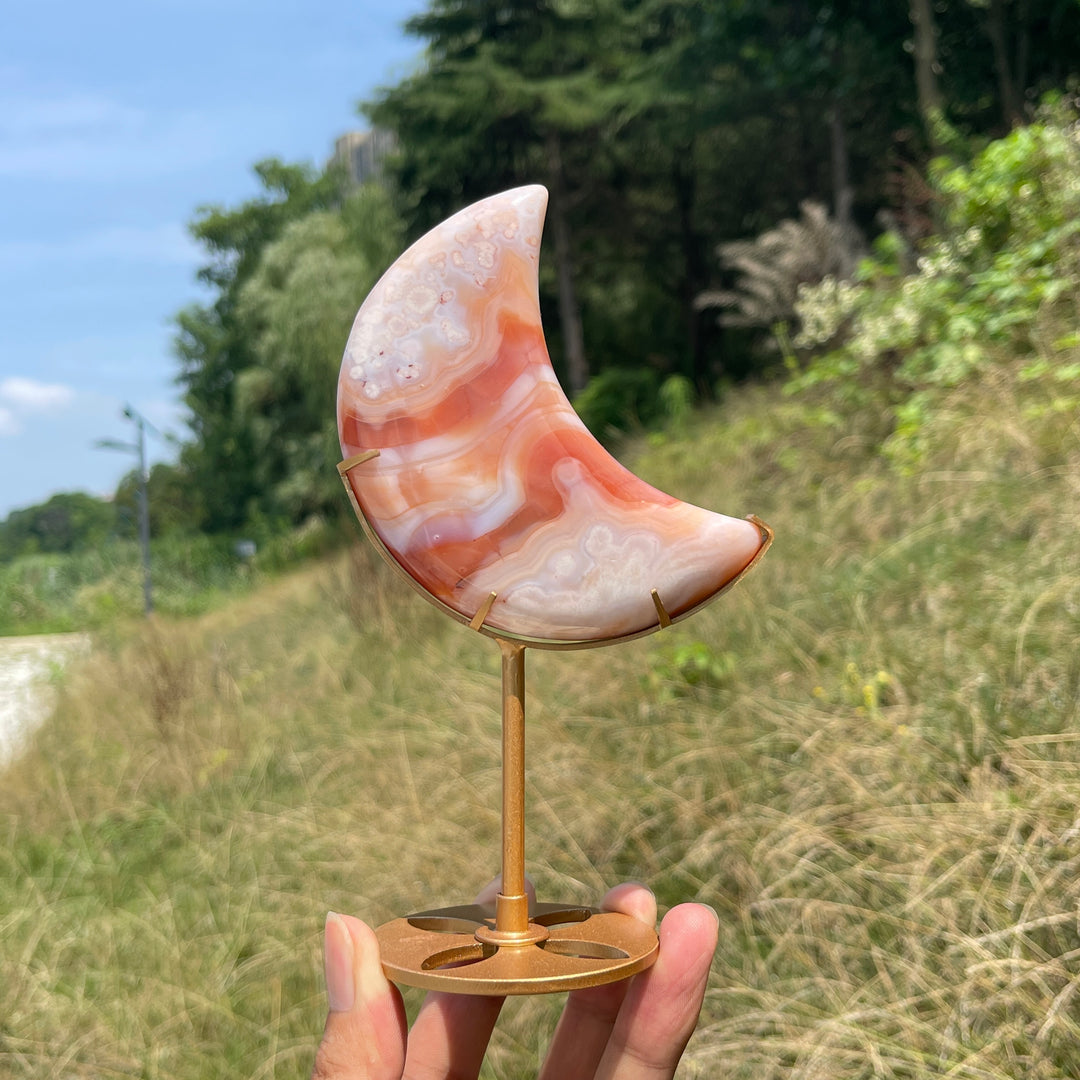 Unique,Natural Crystal Pink Flower Agate Moon With Stand
