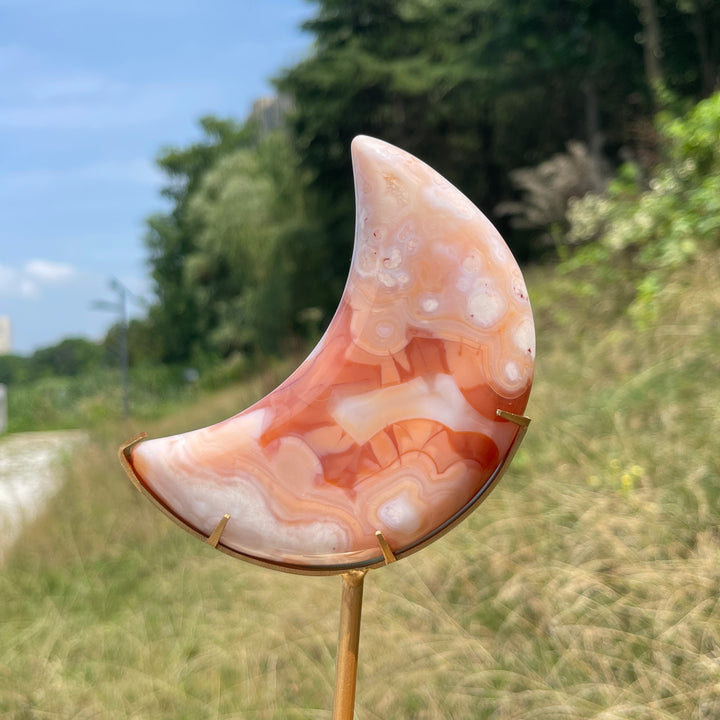 Unique,Natural Crystal Pink Flower Agate Moon With Stand