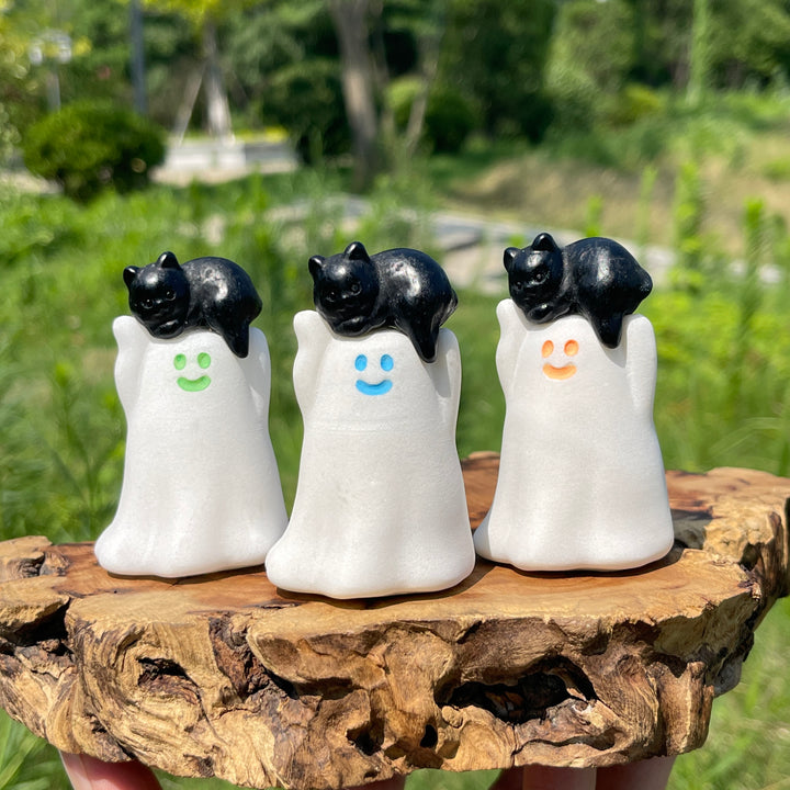 Natural Crystal White Jade Ghost With Cat Carving