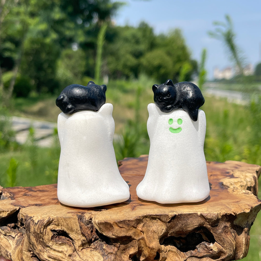 Natural Crystal White Jade Ghost With Cat Carving