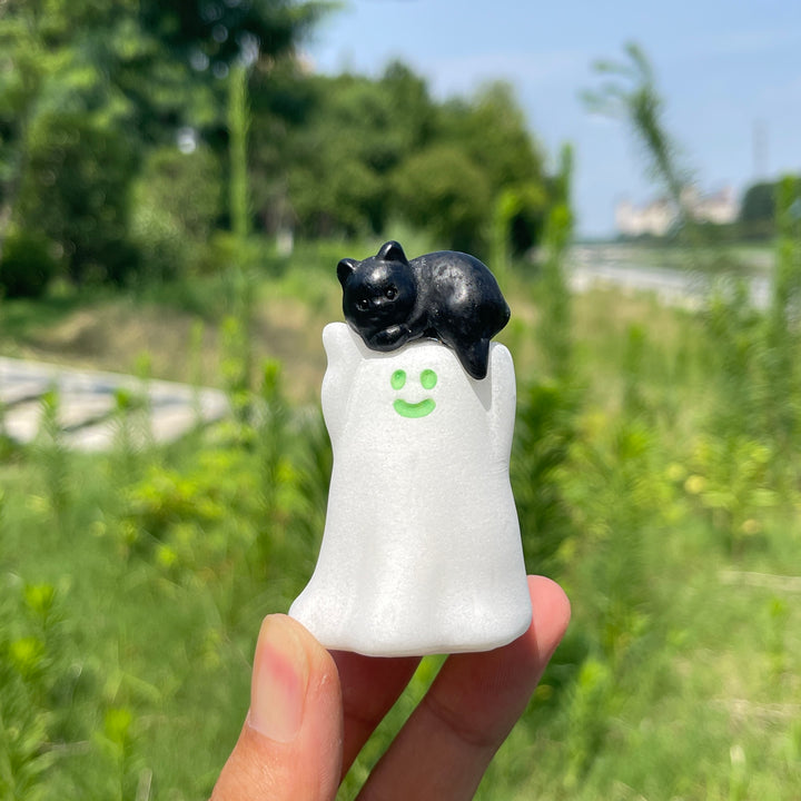 Natural Crystal White Jade Ghost With Cat Carving