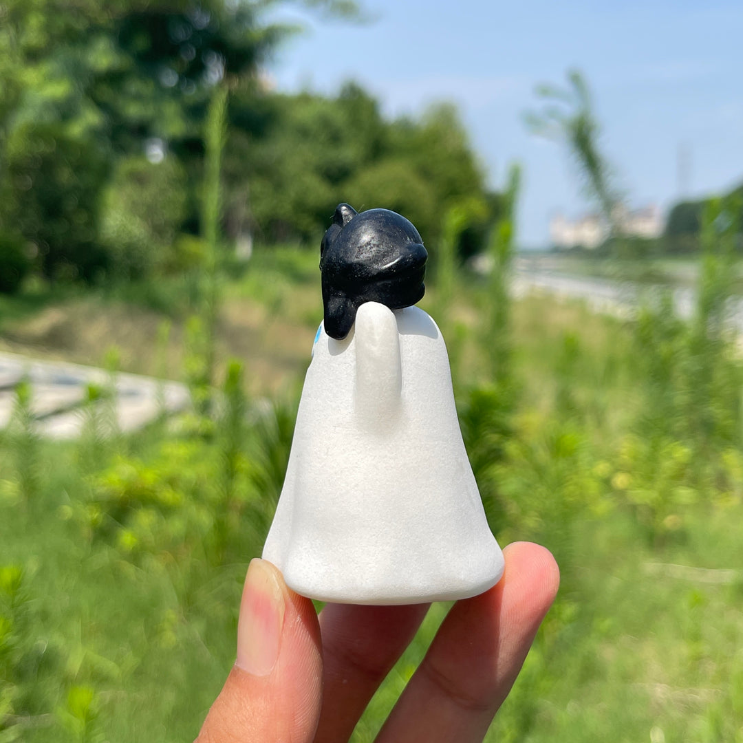 Natural Crystal White Jade Ghost With Cat Carving