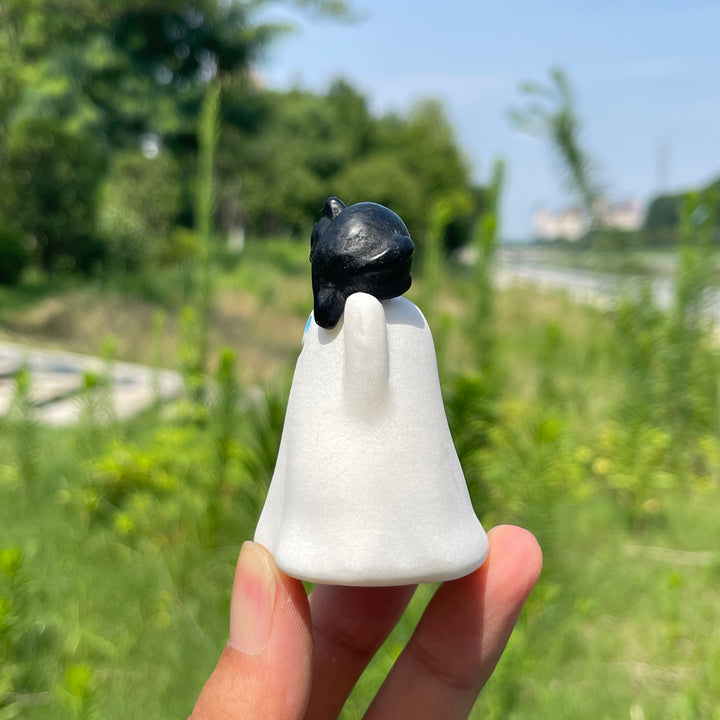 Natural Crystal White Jade Ghost With Cat Carving
