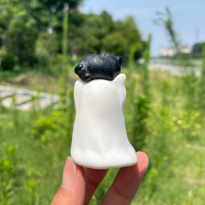 Natural Crystal White Jade Ghost With Cat Carving