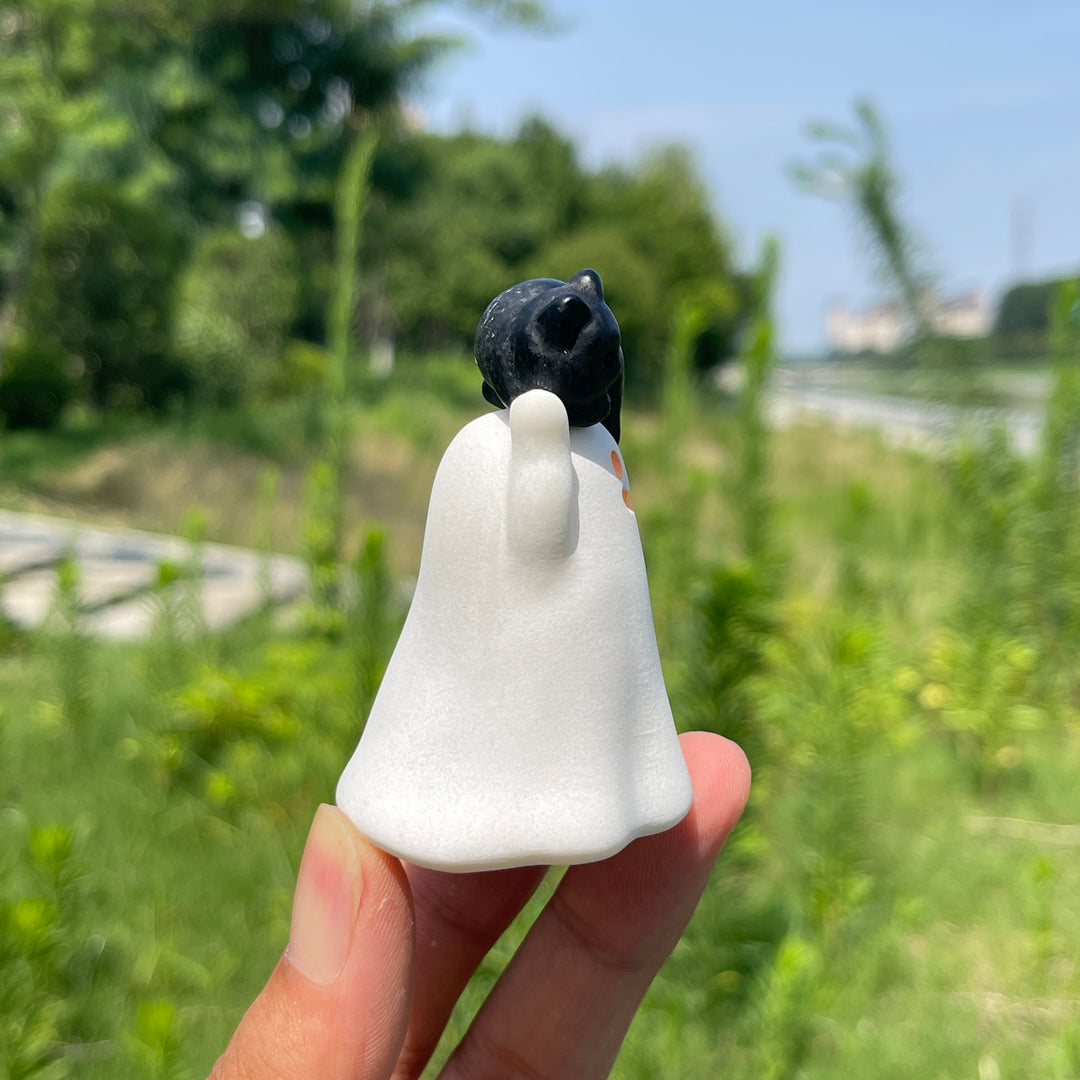 Natural Crystal White Jade Ghost With Cat Carving