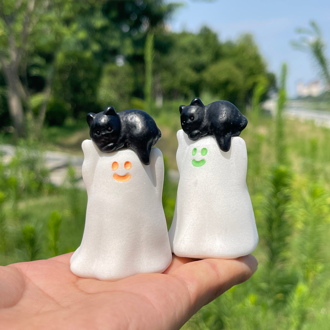 Natural Crystal White Jade Ghost With Cat Carving