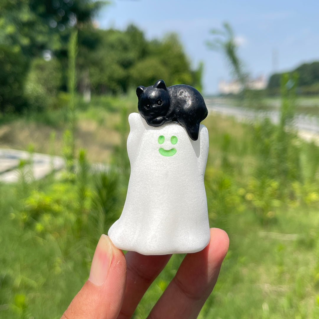 Natural Crystal White Jade Ghost With Cat Carving