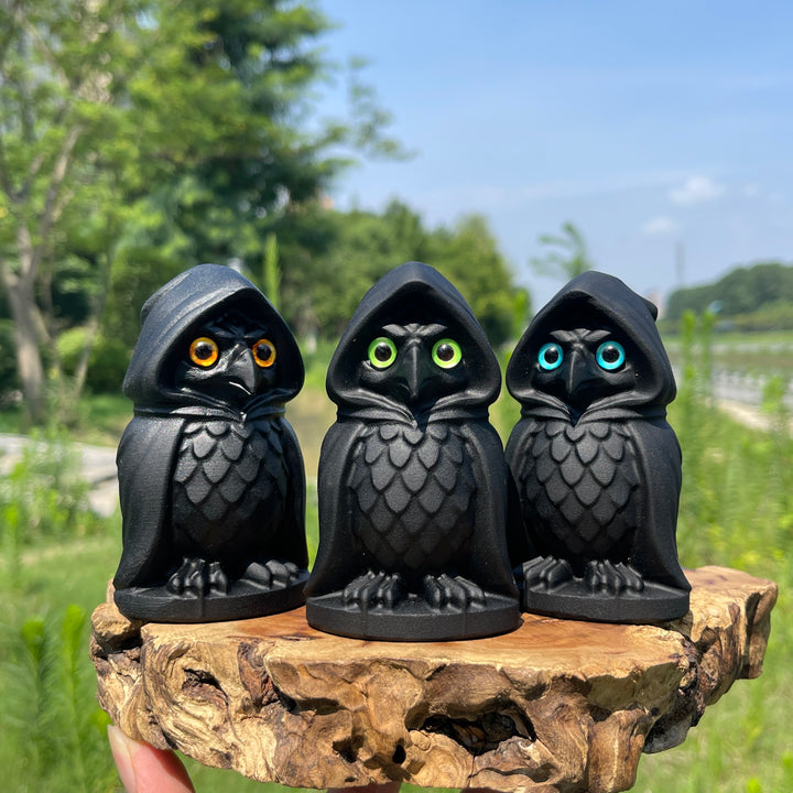 Natural Crystal Black Obsidian Hooded Owl Carving