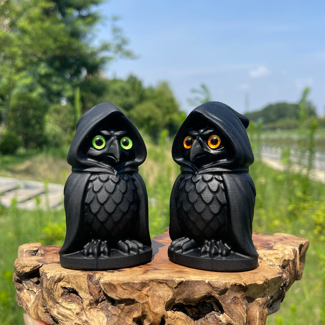 Natural Crystal Black Obsidian Hooded Owl Carving