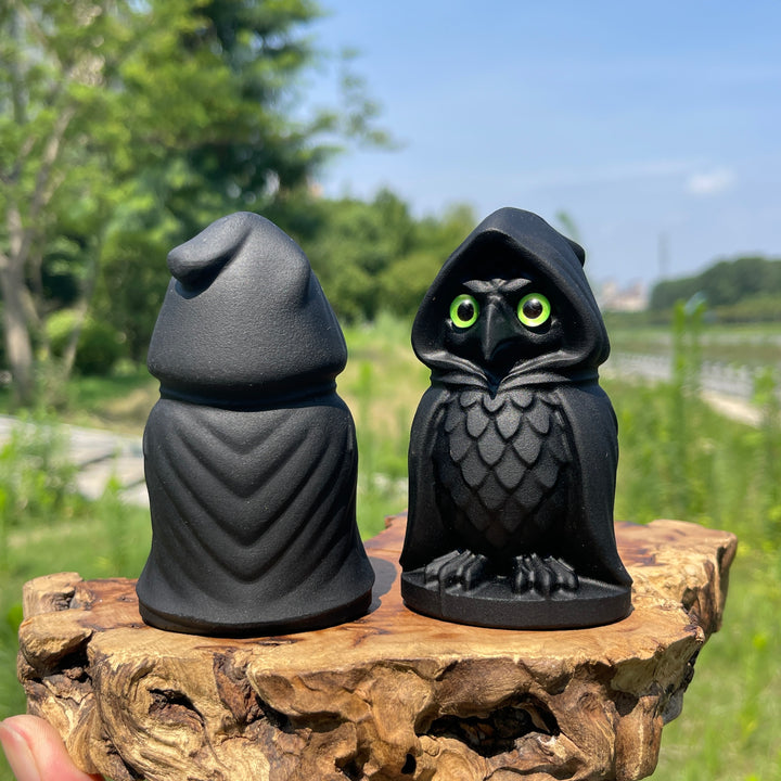 Natural Crystal Black Obsidian Hooded Owl Carving