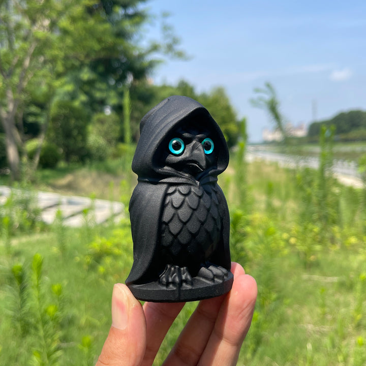 Natural Crystal Black Obsidian Hooded Owl Carving