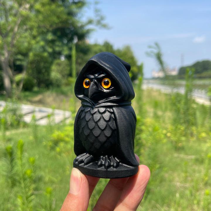 Natural Crystal Black Obsidian Hooded Owl Carving