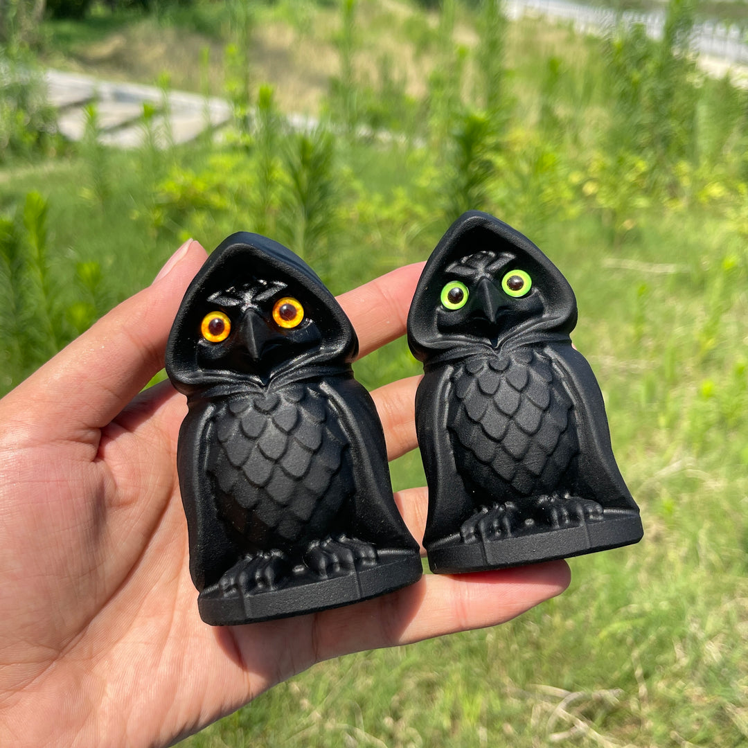 Natural Crystal Black Obsidian Hooded Owl Carving