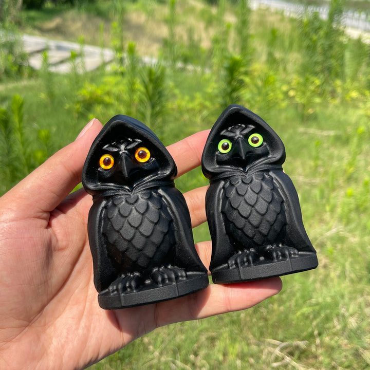 Natural Crystal Black Obsidian Hooded Owl Carving