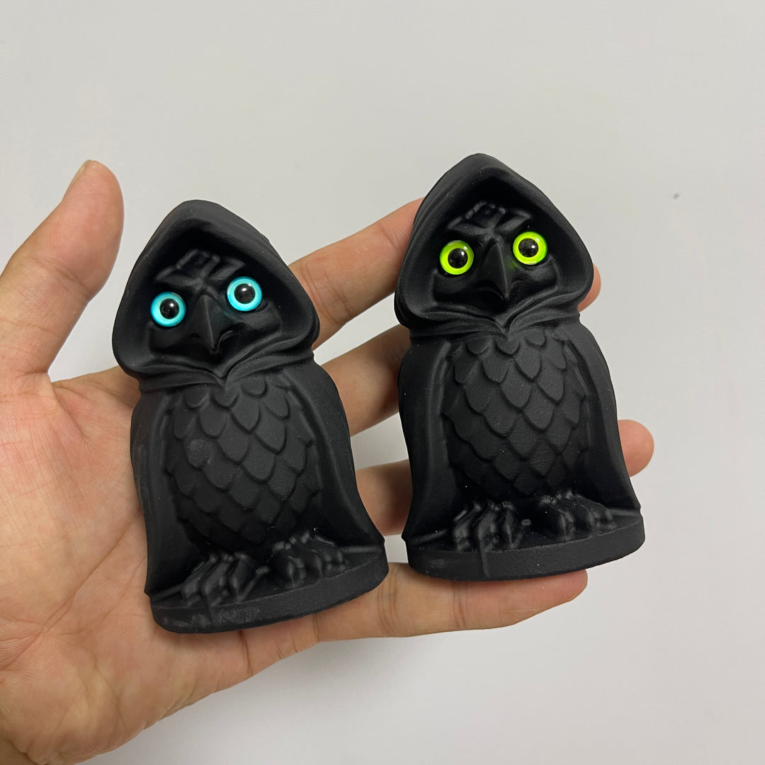 Natural Crystal Black Obsidian Hooded Owl Carving