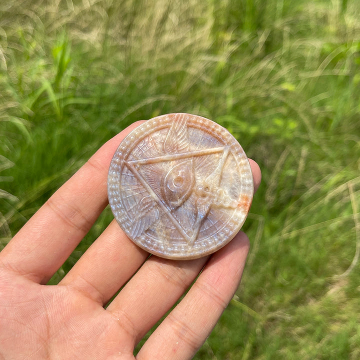 Natural Crystal Sunstone Moonstone All-Seeing Eye Disc Carving