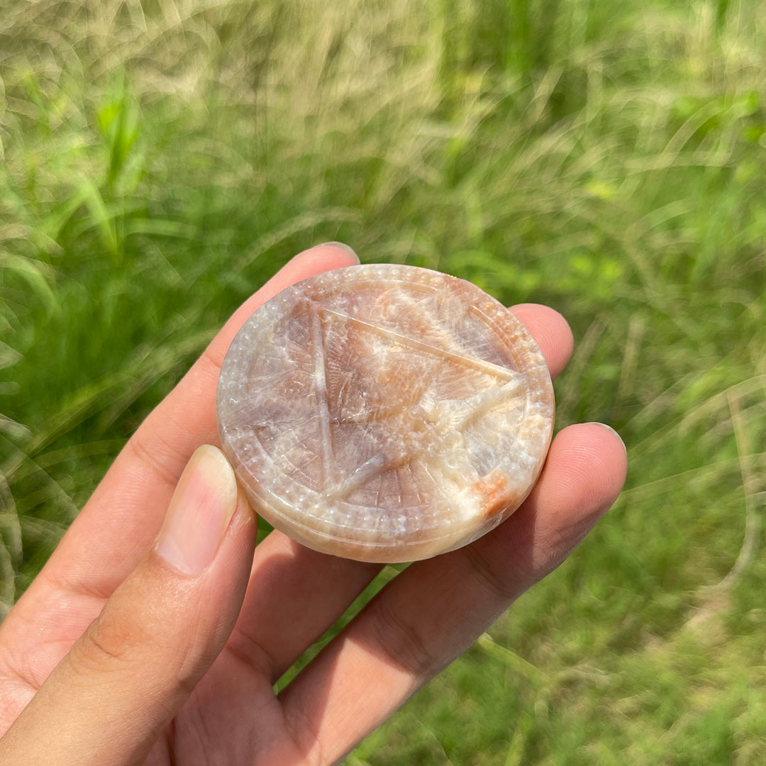 Natural Crystal Sunstone Moonstone All-Seeing Eye Disc Carving